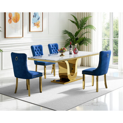68" Faux Marble Dining Table Set, Luxury Dining Room Table with Velvet Upholstered Chairs, Luxurious Kitchen Table with Stainless Steel Pedestal, Modern Dining Table Set
