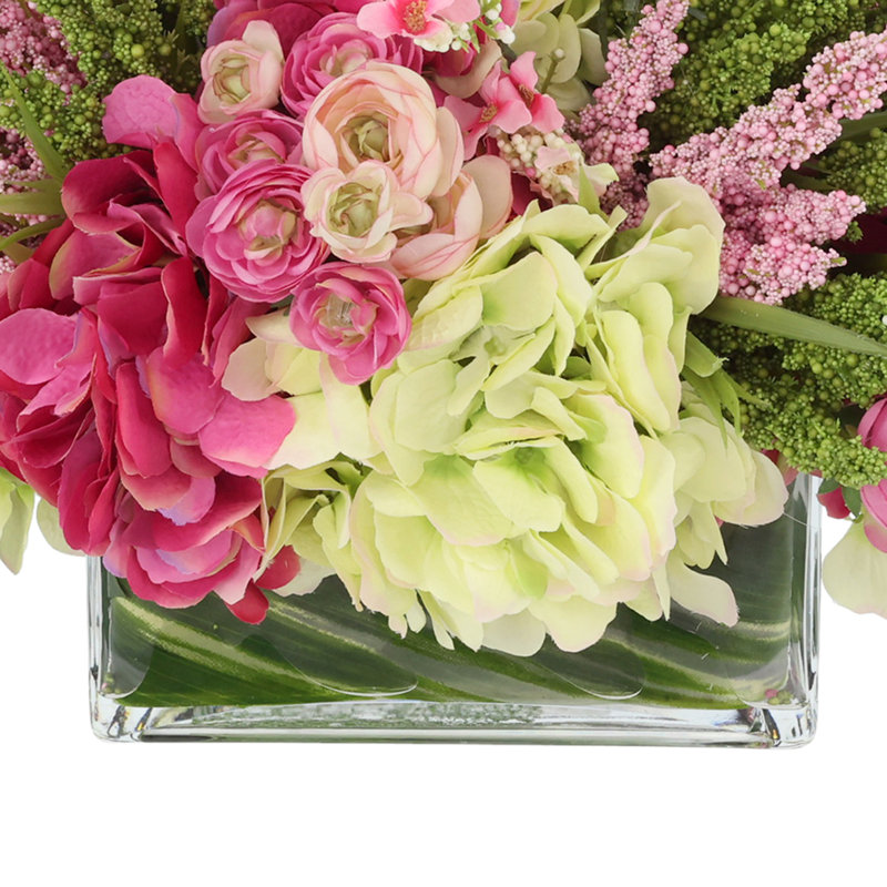 Hydrangea, Heather and Ranunculus Arranged in Rectangular Vase