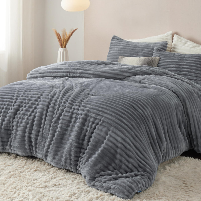 Ensemble d'édredon en fausse fourrure très douce, Gris, King