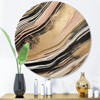 «Gold Embracement Essence Of Lines II», art abstrait rond en marbre sur métal