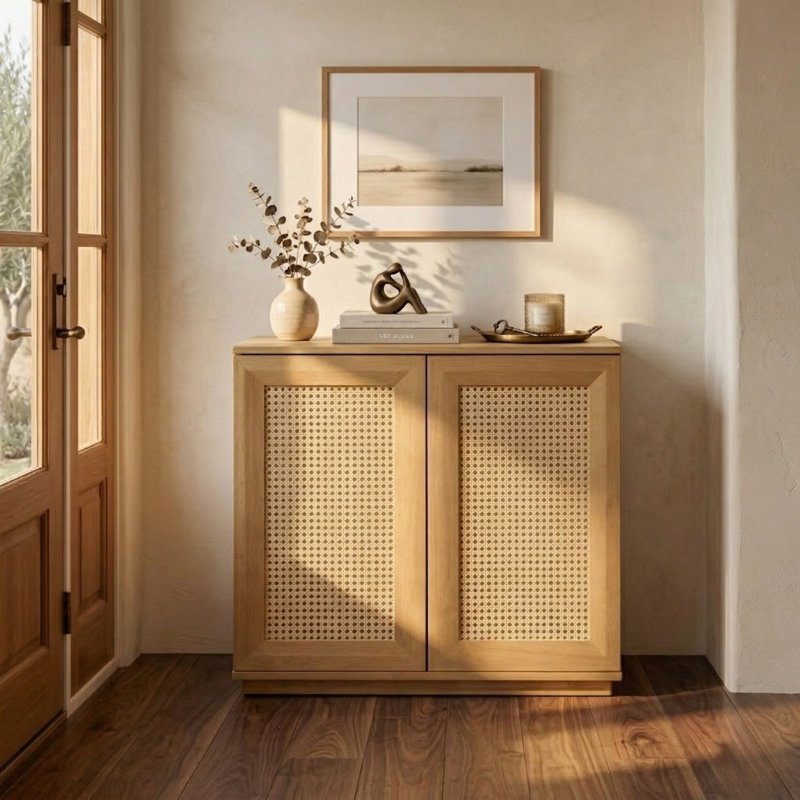 NTC MOSSIC 2 Door Storage Cabinet, Solid Wood Rattan Accent Cabinet, Modular Sideboard Cabinet, Expandable Storage System for Living Room & TV Stand, Easy Assembly, Sand