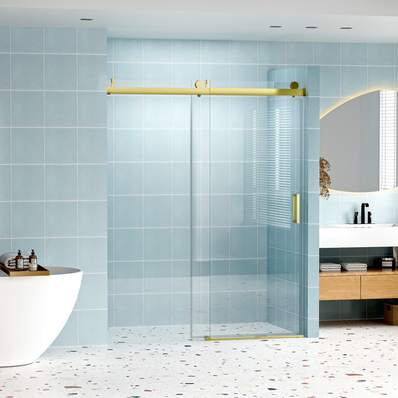Porte de douche coulissante simple sans cadre à fermeture en douceur de 56 à 60 po x H 76 po, verre trempé de 1/4 po (6 mm) avec revêtement antidéflagrant par livraison express