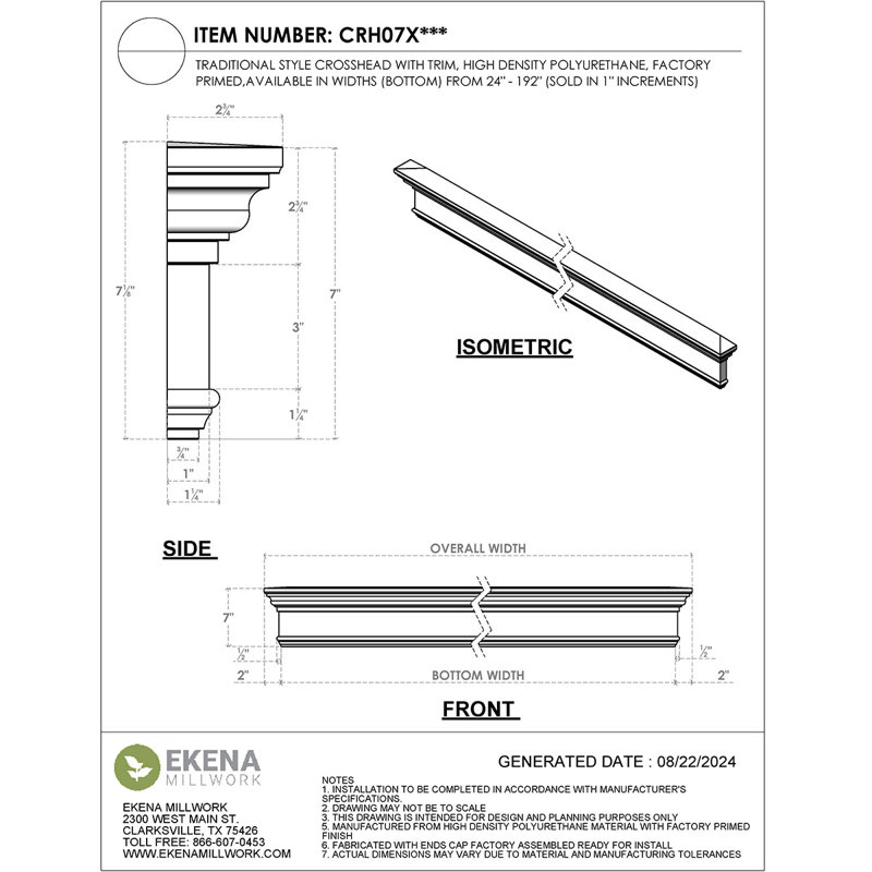 Endurathane Traditional Crosshead with Trim, 41" Bottom Width x 44 7/8" Top Width x 7 1/4"H x 1"P, Factory Primed, 41 inches