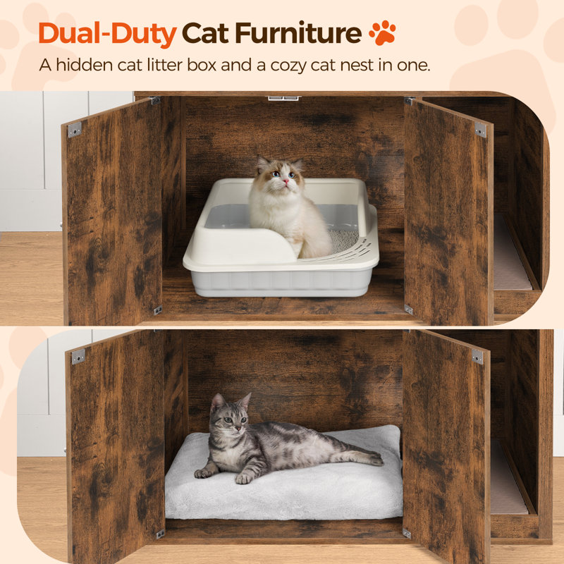 Rustic Brown Wooden Cat Tree with Hidden Litter Box and Condo
