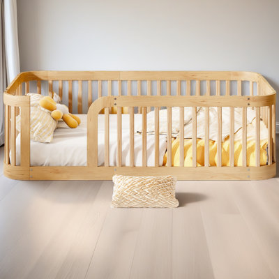 Wood Twin Size Wood Floor Bed Frame With Fence