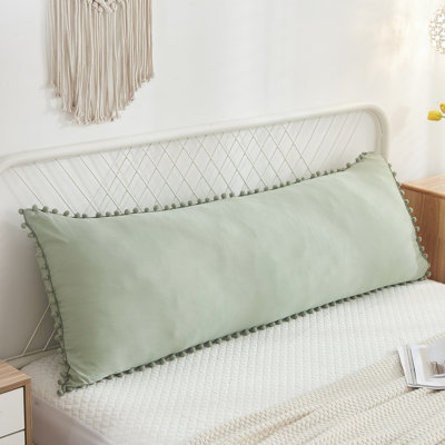 Sage Green Body Pillow Cover 20x54 Inches Cute Pom Poms Decorated Pillow Cover Soft Washed Microfiber Boho Long Pillowcases with Pocket Closure, Pack of 1