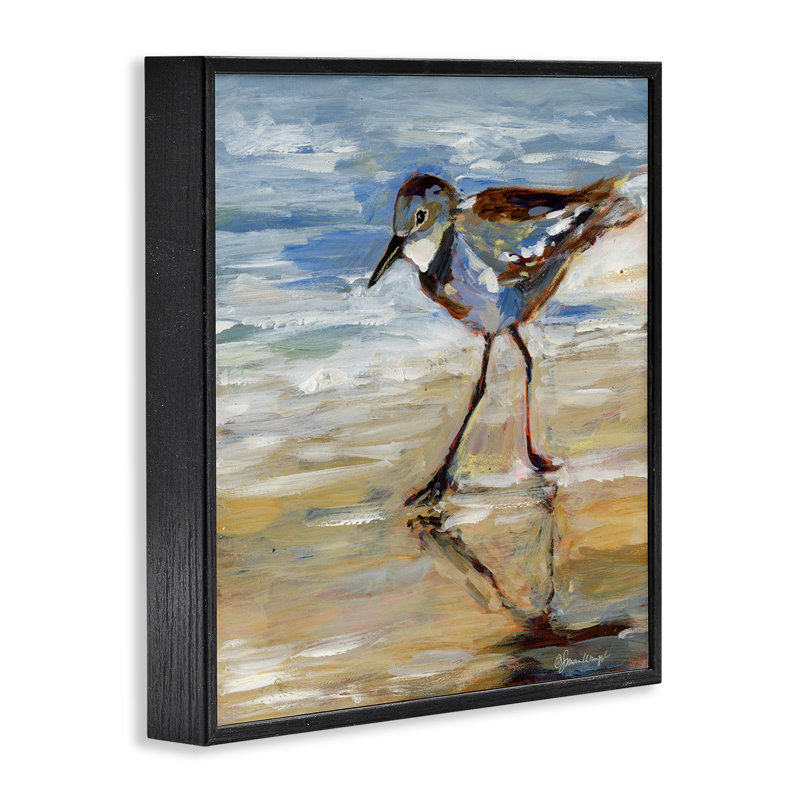 «Sandpiper and Beach Tide», art de la giclée encadrée par Susan Winget, H 12 po x l 12 po, Giclée encadrée noir minuit