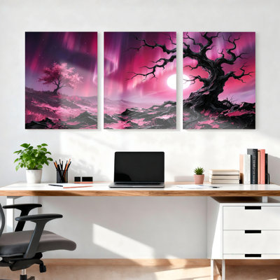 Ensemble de 3 toiles murales représentant un paysage d'arbres aux aurores boréales roses, pour la décoration du salon et de la chambre.