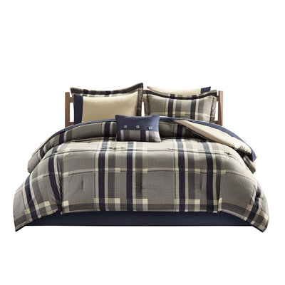 Twin Comforter With Plaid Sheets - Navy And Taupe, Sheet Breathable, Steam