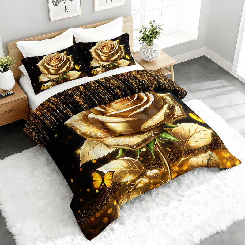 Ensemble d'édredon Luxury Rose, ensemble de literie romantique avec 2 taies d'oreiller, literie douce et lavable à la machine, édredon toutes saisons pour le décor