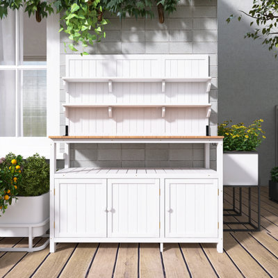50.2" Garden Potting Bench Table With Hutch, Natural Solid Fir Wood Garden Workstation, Large Countertop, 2 Shelves, 2 Cabinets, 3 Side Hooks, Outdoor Planting Table For Gardening