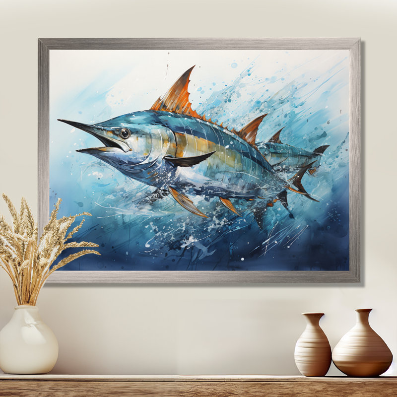 Fishing Majestic Marlins I - Fishing Framed Canvas Print Hunting Wall Art, 34" H x 44" W x 1.5" D, Natural Floater Framed