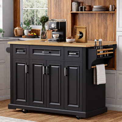 Large Kitchen Island With Drop Leaf, Embossed Texture, 4 Wheels, 3 Drawers, Adjustable Shelves And Spice Rack by Lark Manor