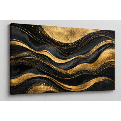 Large Black and Golden Colour Wave Canvas Wall Art 24x36 Inch Modern Metallic Abstract Painting Print for Living Room Bedroom Office Home Wall Decor Contemporary Artwork – Ready to hang