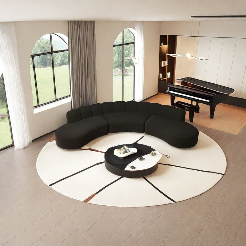 Black semi-circular curved corner sofa, 25.59" H x 149.61" W x 33.47" D, 7
