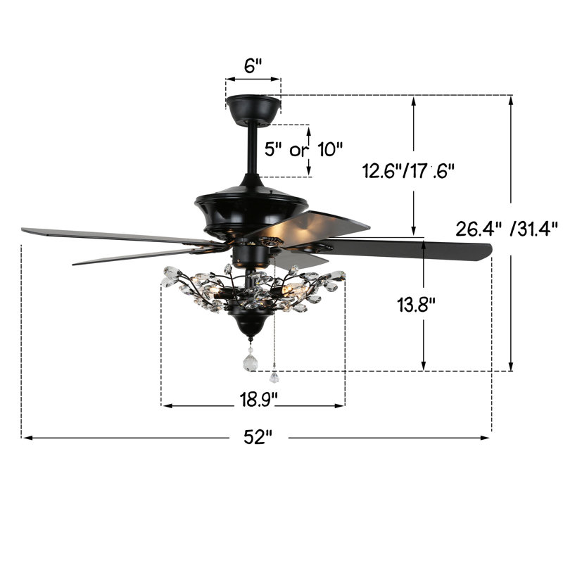52" Black Crystal Chandelier Ceiling Fan with Remote and Reversible Blades