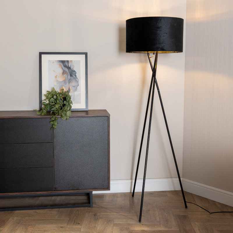 Misner 155cm Camden Tripod Floor Lamp with Large Reni Shade, Yes, Black , Black Velvet & Gold