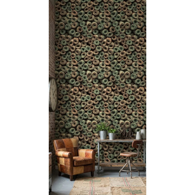 Papier peint à motif de billets de banque roulés, vert foncé, décoration murale