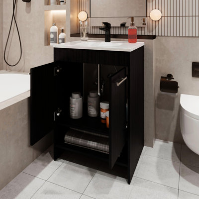 Meuble-lavabo à 2 portes avec rangement ouvert, panneau de particules, style épuré, rangement facile et armoire de rangement, espace imperméable et personnalisé