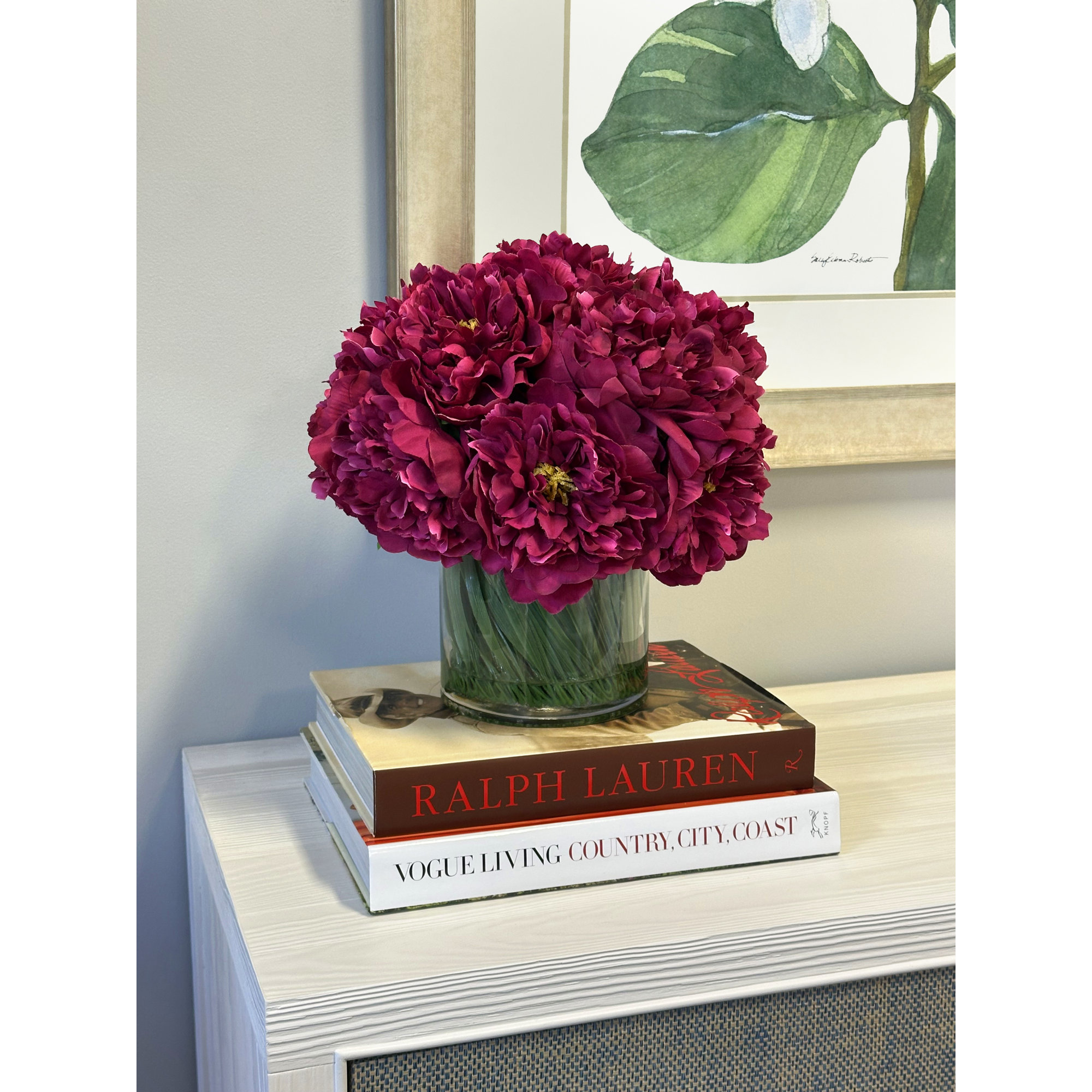 Faux Peony Arrangement in a Glass Vase, Dark Magenta