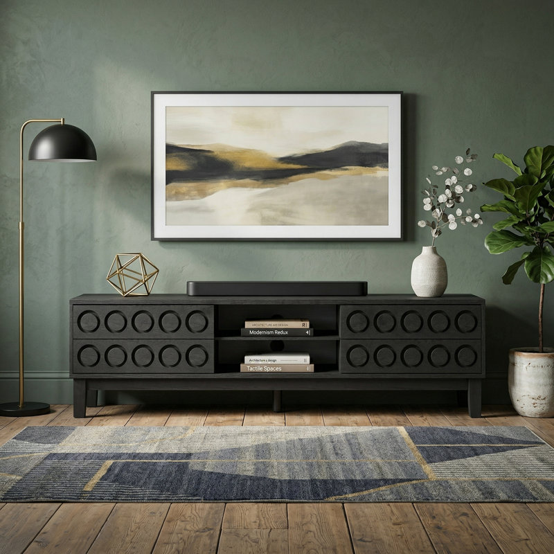 Console multimédia moderne à 4 tiroirs Mid-Century avec gestion des câbles pour téléviseurs de 75 po ou moins, Noir + gris