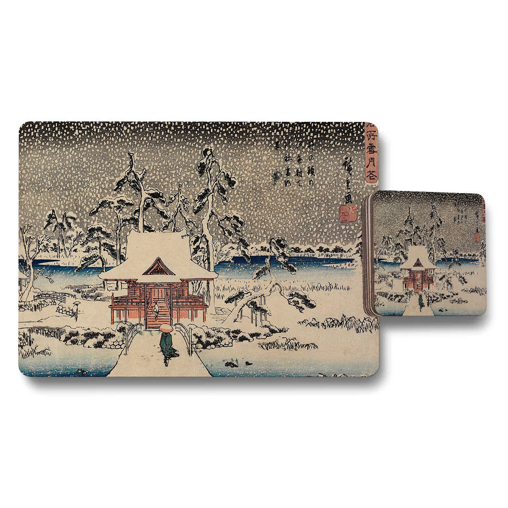 Ukiyoe Style Winter Snow Scene Placemat and Coaster Set