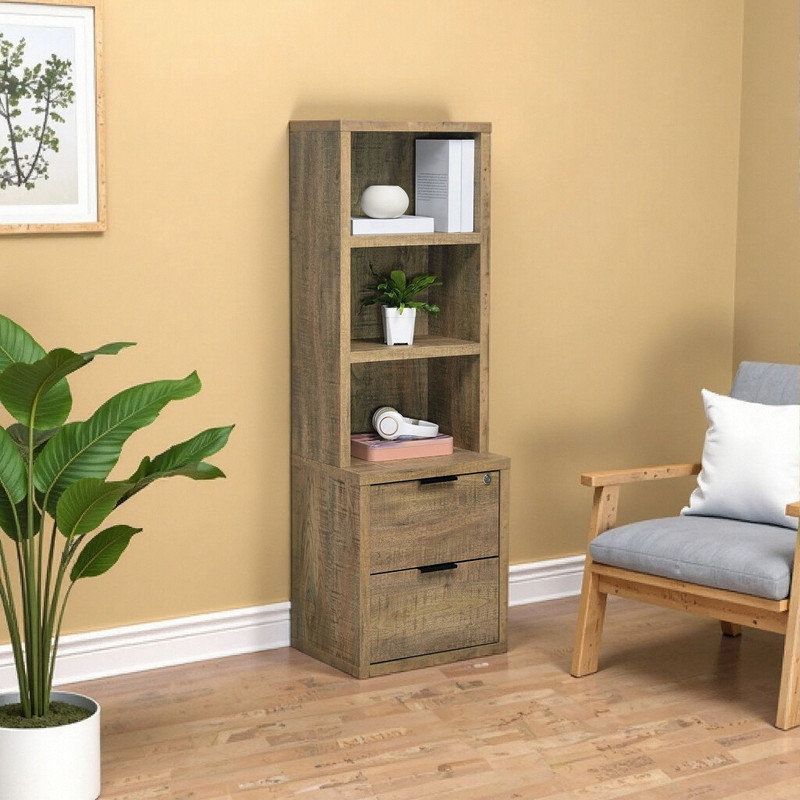 Armoire de rangement verrouillable avec tiroir USB et trois tablettes ouvertes, Brun