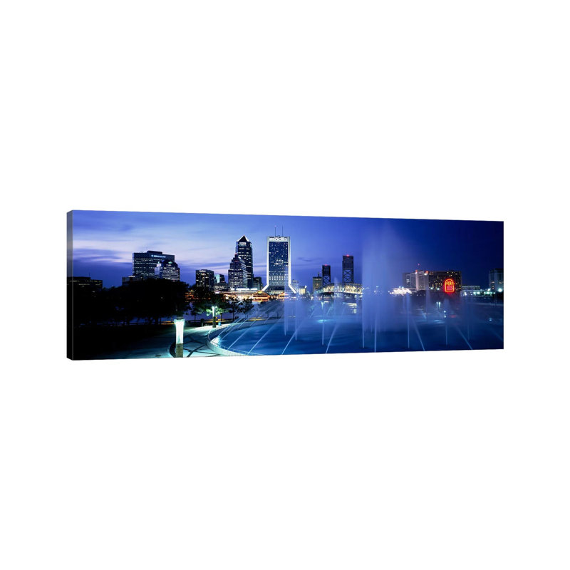 Fountain, Cityscape, Night, Jacksonville, Florida, USA - Wrapped Canvas Panoramic Print, 30.48 cm H x 91.44 cm W x 1.91 cm D