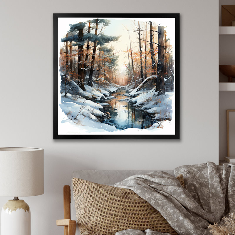 «River in Forest Winter Scenery I», reproduction sur toile, Cadre simple noir, H 30 po x l 30 po x P 1 po