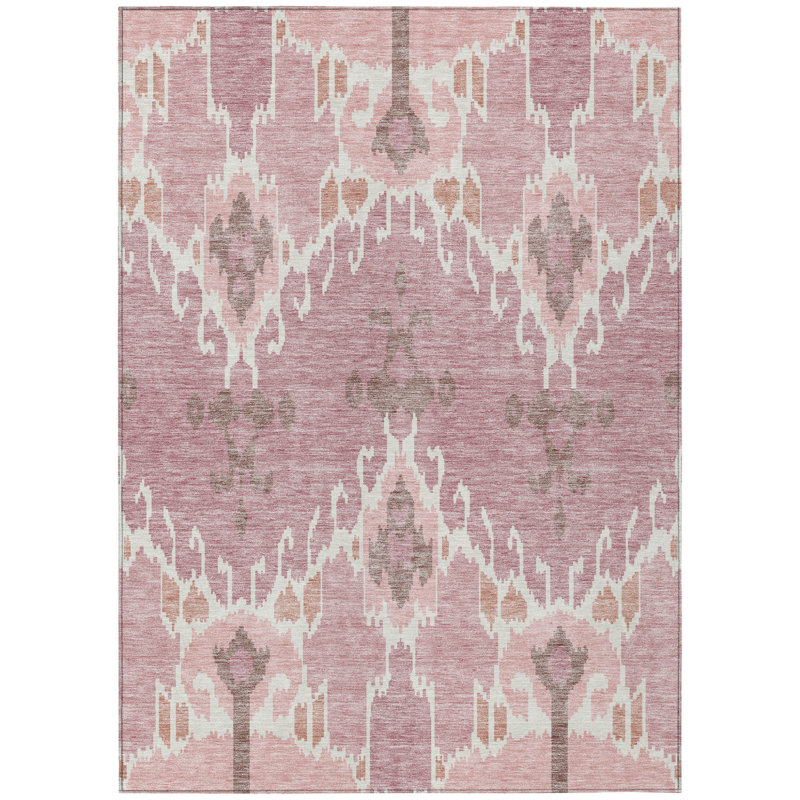 Tapis intérieur lavable ikat rose et ivoire 5 pi x 8 pi