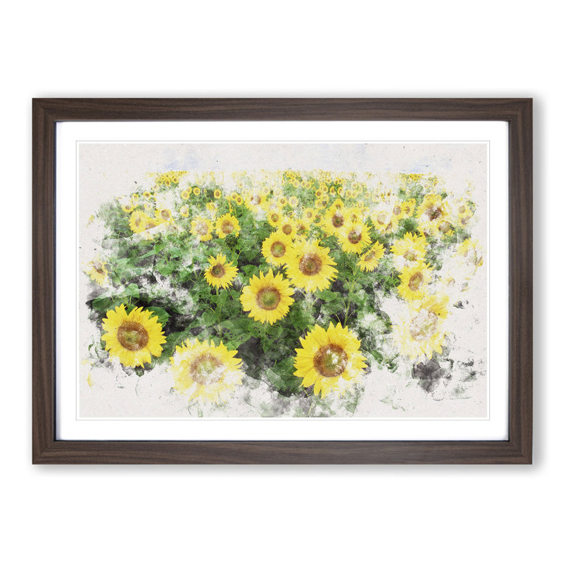Yellow Sunflower Meadow Watercolour - Picture Frame Graphic Art Print, 45cm H x 63cm W x 2cm D, Walnut Framed