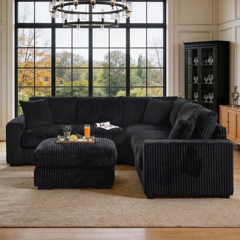 Canapé modulaire en L 98 po avec repose-pieds Corduroy, Black Corduroy