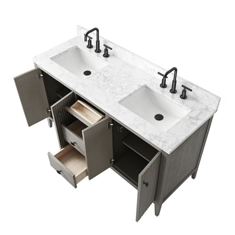 Laval 60" Double Sink Freestanding Bathroom Vanity with Engineered Marble Top, Linear Driftwood Gray, Matte Black