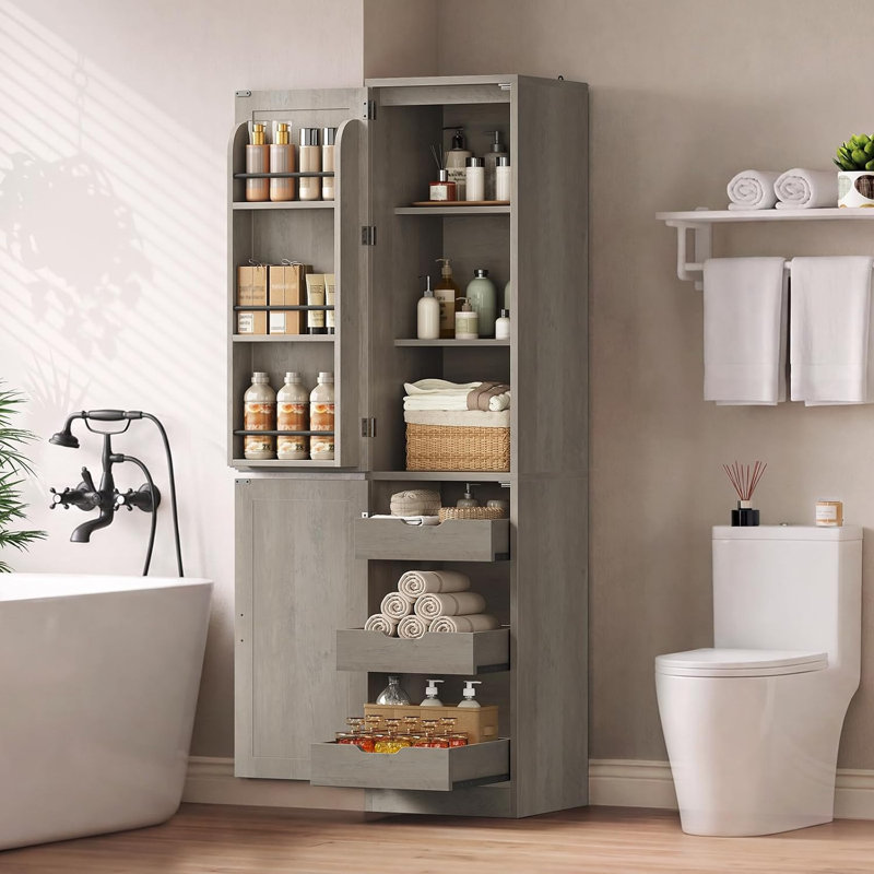 Armoire de cuisine étroite de 71 pouces avec 3 portes, étagères et 3 tiroirs pour petits espaces, Gris