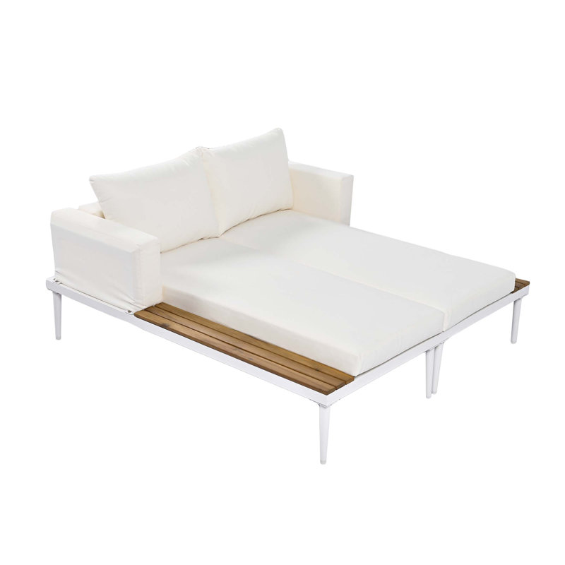 Modern Outdoor Metal Daybed With Wood-Topped Side Tables – 2-In-1 Padded Chaise Lounge For Pool, Deck & Balcony