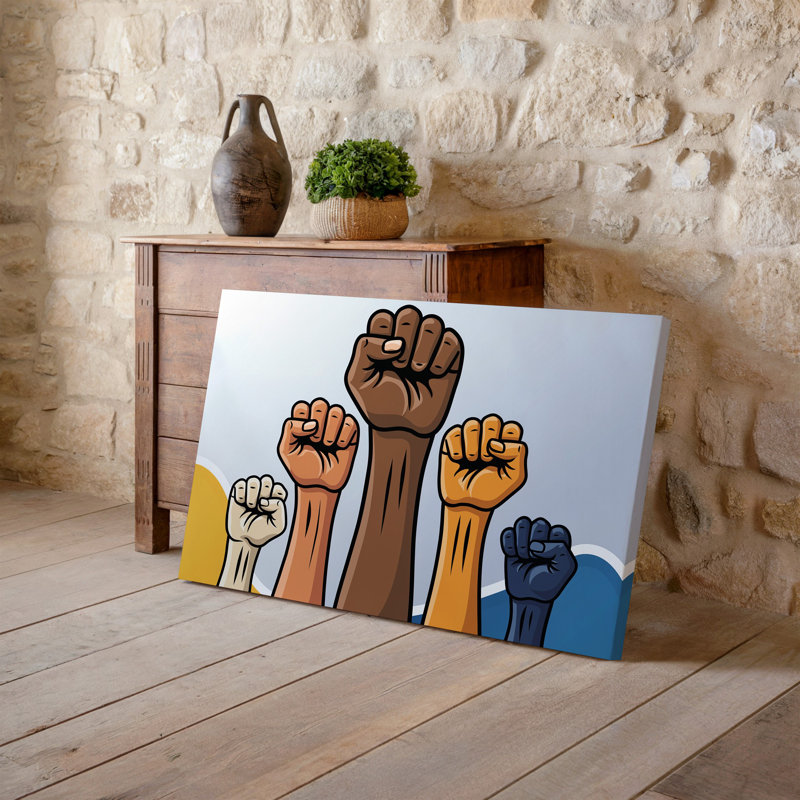 Toile, "Créez une image" mettant en vedette un puissant affichage de poings levés dans divers tons de peau, symbolisant l'unité et la solidité, art mural