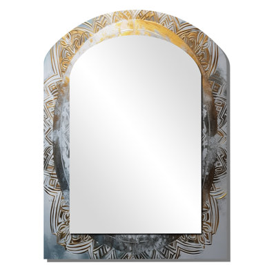 White And Gold Mandala VII - Boho Mandala Arch Mirror, White Asymmetrical Unique Wall Mirror, Printed Metal Art