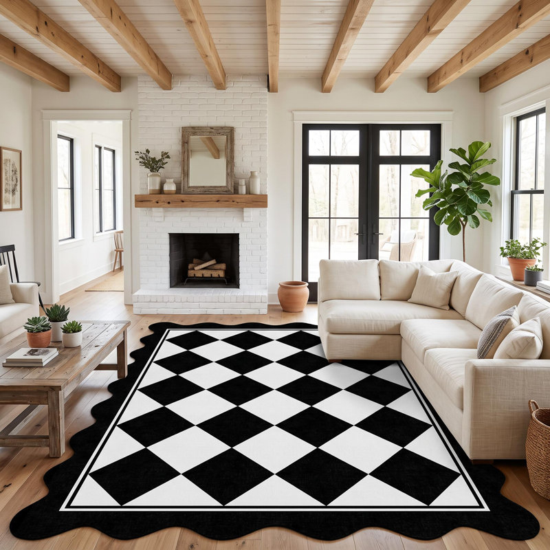 Tapis festonné intérieur / extérieur Scalloped, Noir blanc, 9 x 12 pi
