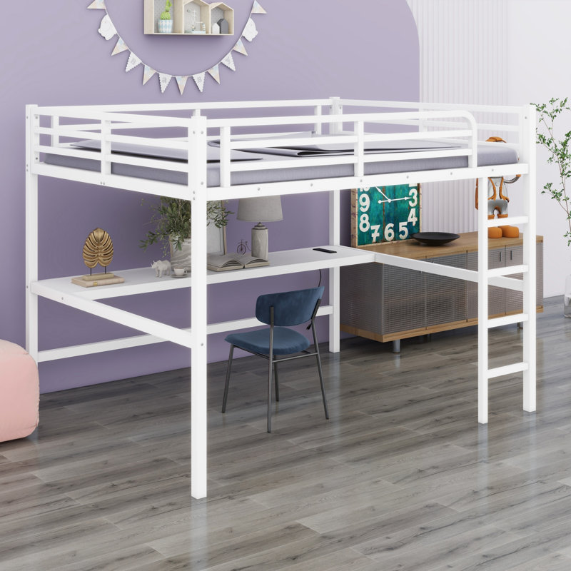 Metal Loft Bed With Power Outlet And LED Lighted, Space-Saving, White