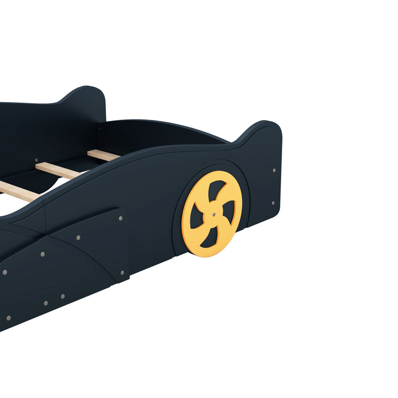Lit simple en forme de voiture de course avec rangement et robustesse - bleu foncé + jaune, conçu pour le confort de la chambre à coucher