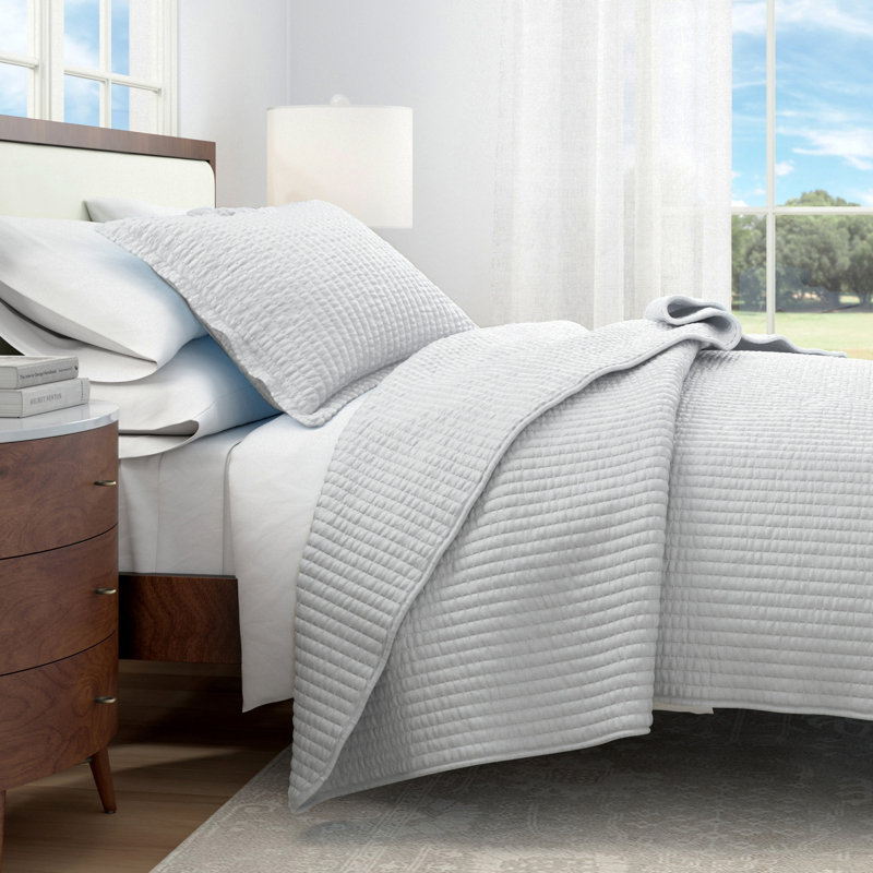 Modern & Contemporary Stripe Stitched Quilt Set with Shams, King / California King Quilt + 2 King Shams, Baby Blue