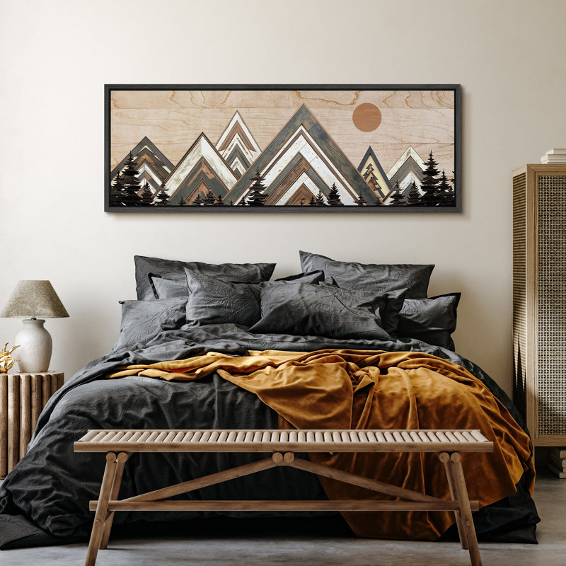 «Western Wood Effect Landscape Abstract Geometric Mountain Range», reproduction sur toile encadrée, H 20 po x l 60 po, Noir