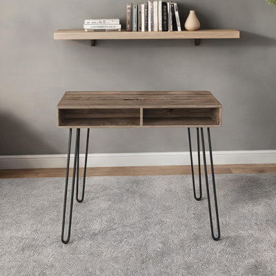 Bureau d'ordinateur de 40 pouces avec pieds en épingle et deux casiers de rangement ouverts pour le travail à domicile ou un ordinateur portable
