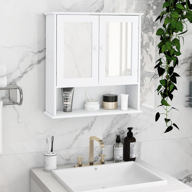 Armoire de rangement de salle de bain moderne avec portes à double miroir - Tablettes réglables peintes en blanc peu encombrantes