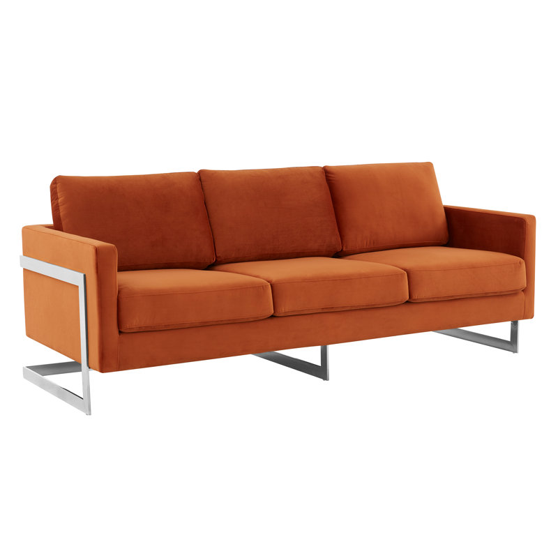 Elegant Velvet & Wood Sofa in Orange Marmalade with Gold Steel Legs