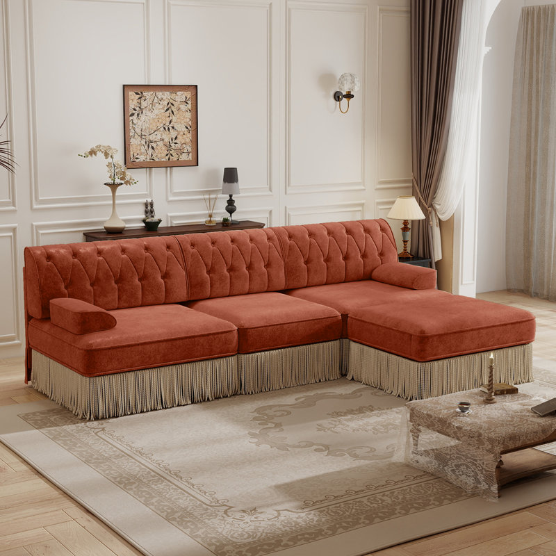 Luxurious Velvet Modular L Shaped Sectional Sofa With Ottoman,3-Seater Chesterfield Sofa With Tufted Design And Tassel Fringe Skirt