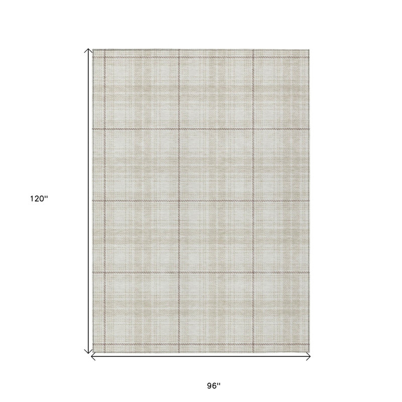 Ivory Beige Plaid Washable Indoor Outdoor Area Rug, Rectangle 8' X 10'