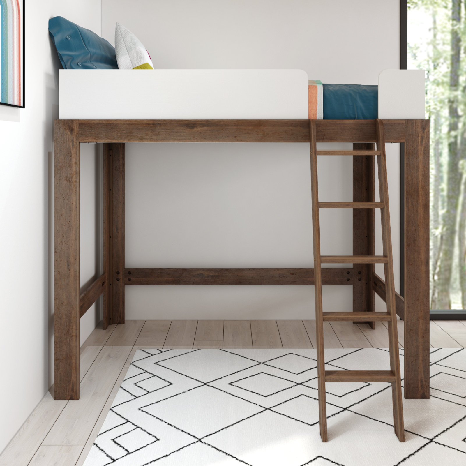 Ambur Twin Solid Wood Loft Bed, Walnut/White
