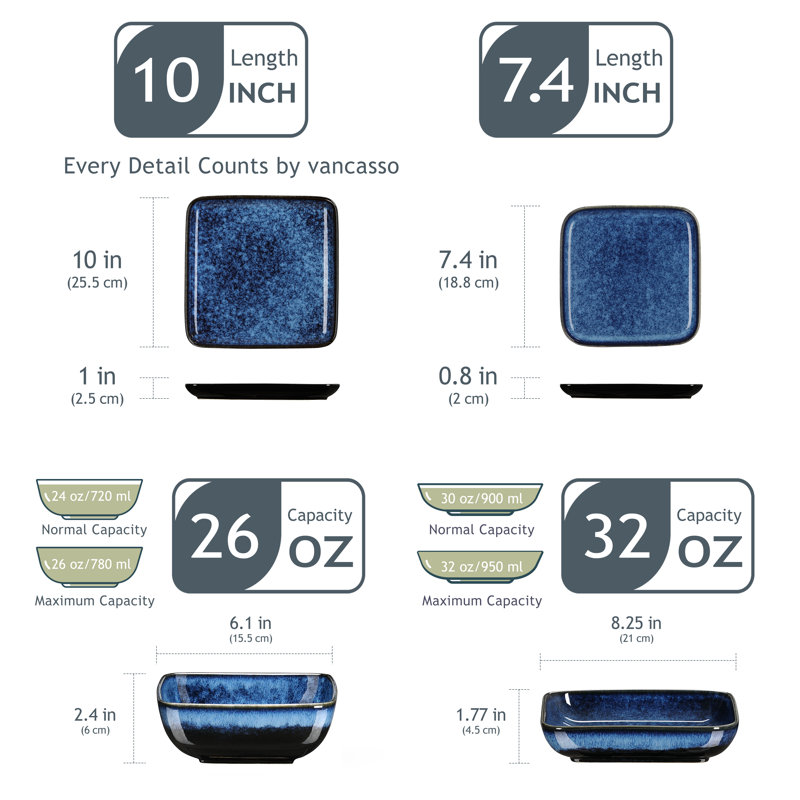 Stoneware Dinnerware - Set of 16, Blue