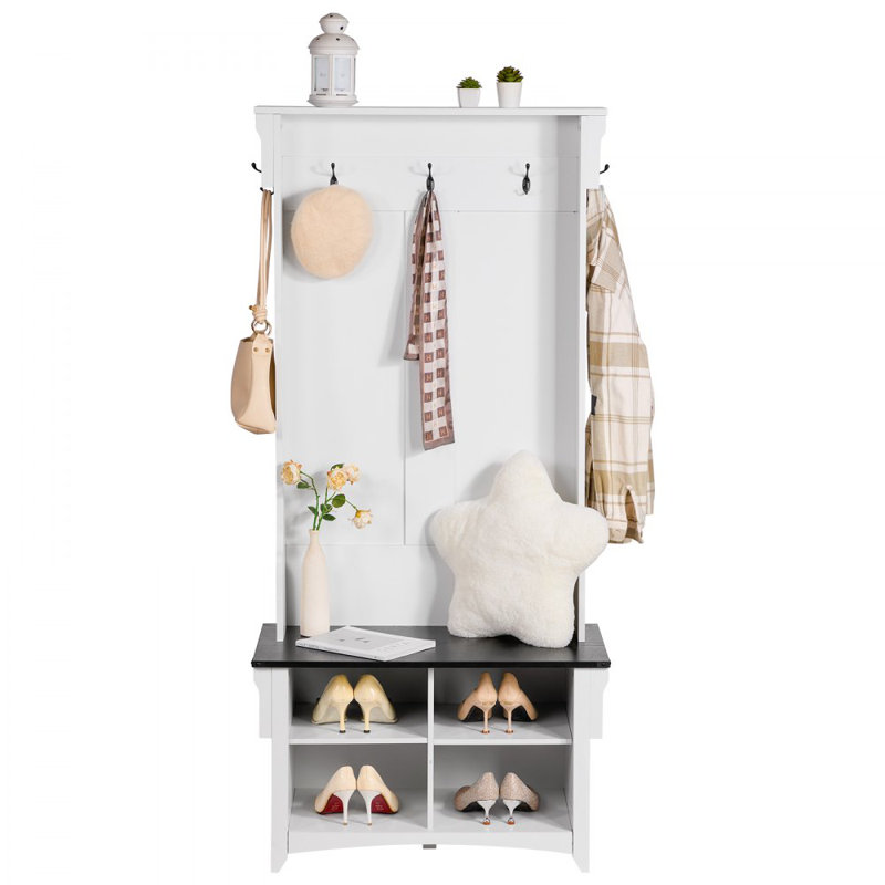 Hall Tree Entryway Bench, 32" Wide Mudroom bench with Storage and Seating, Adjustable Shelves and 5 Hanging Hooks with 4 Storage Drawers, Coat Rack with Shoe Storage, Entryway, Hallway